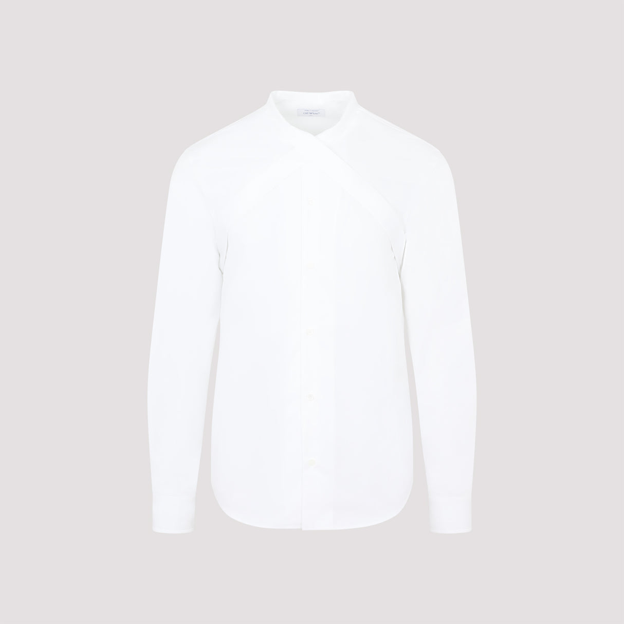 男士白色棉质衬衫，带交叉条纹和圆弧下摆- FW23