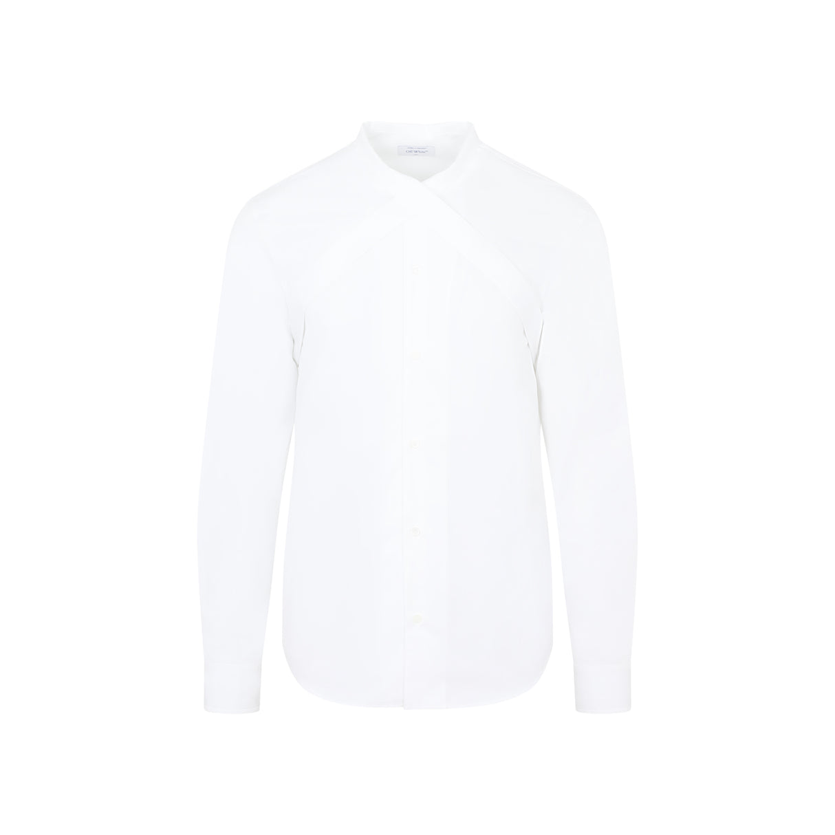 男士白色棉质衬衫，带交叉条纹和圆弧下摆- FW23