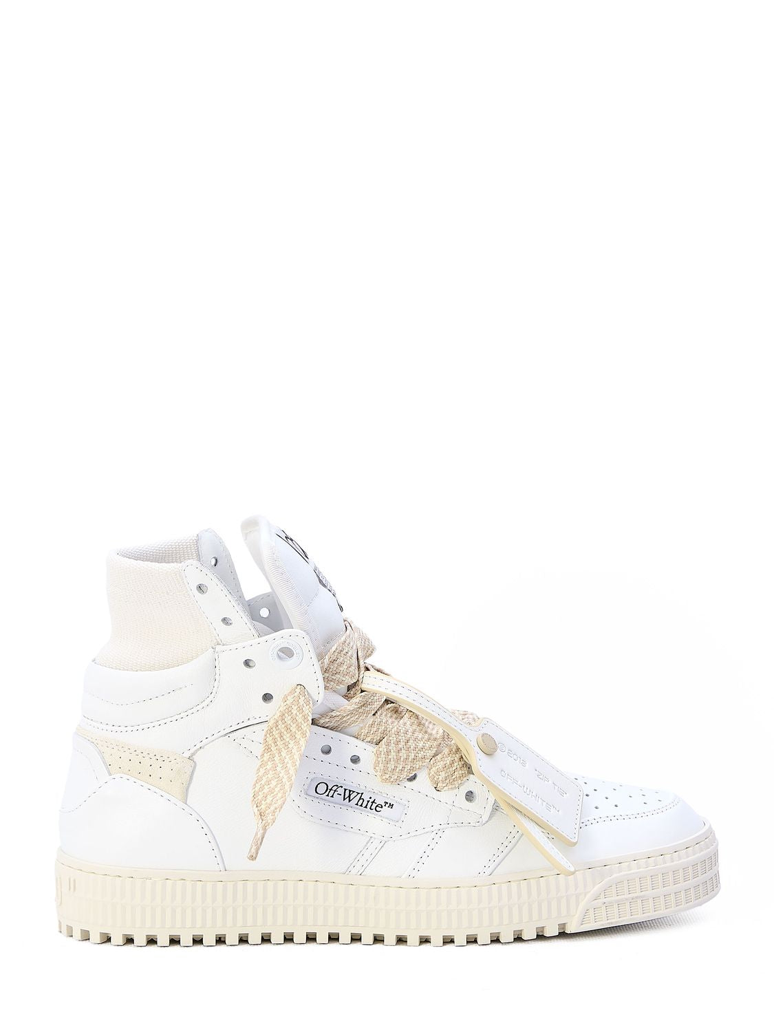 OFF-WHITE Men's White Leather Sneaker with Cream Rubber Sole and Detachable Zip-Tie Detail