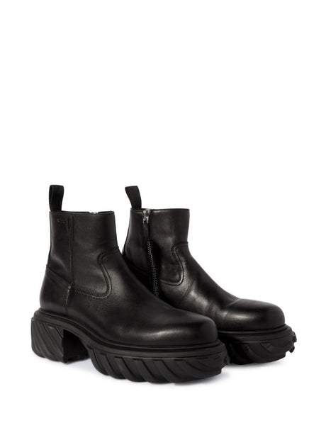 OFF-WHITE Black Leather Tractor Motor Boots with Embossed Logo for Men