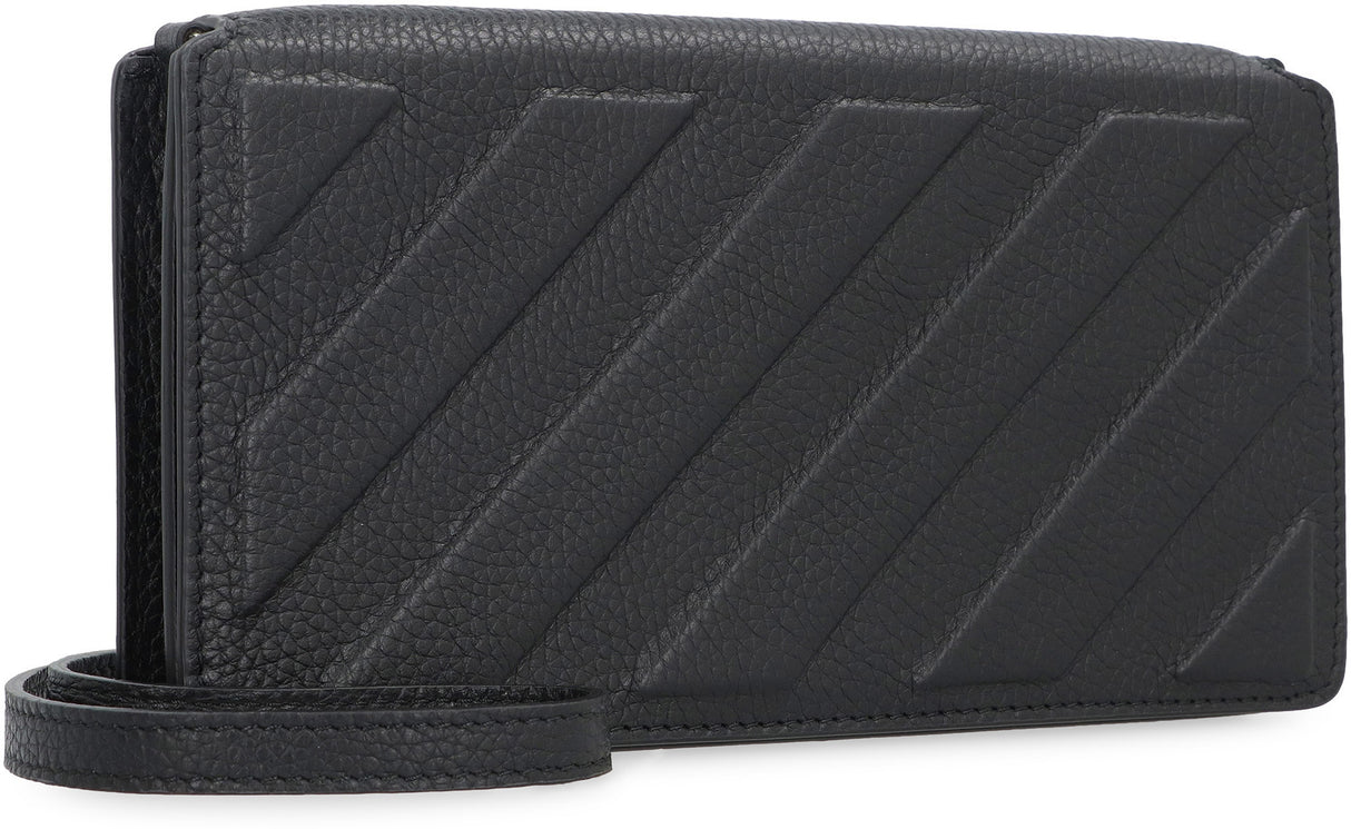 Black Leather Crossbody Handbag with 3D Diagonal Stripe Print