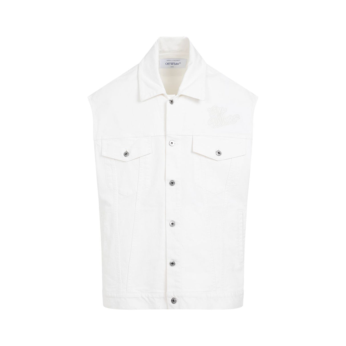 OFF-WHITE White Denim Vest with Logo Embroidery and Classic Collar for Men