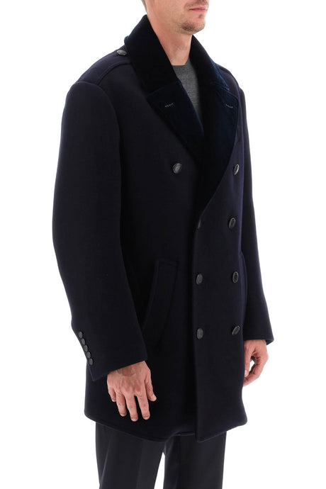 男士蓝色天鹅绒西装领双排扣冬季外套 FW24