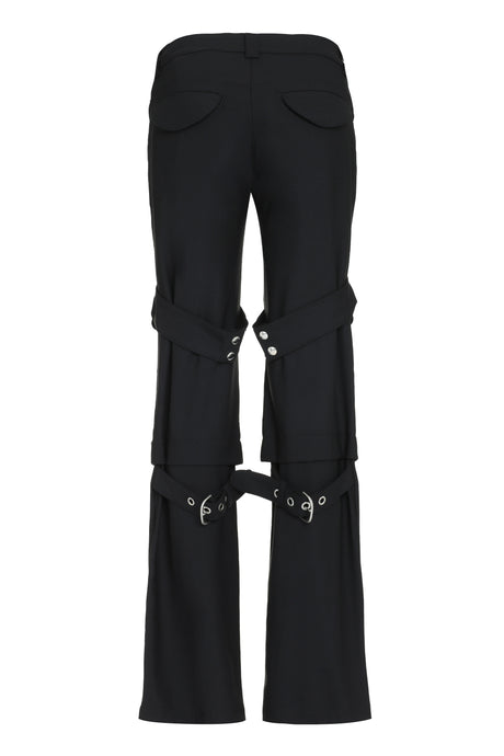 女性用ブラックカーゴパンツ - フロントストラップ付き - マルチポケットデザイン - レギュラーフィット