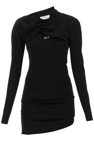 黑色粘胶连衣裙 - 女款长袖logo连衣裙，配饰褶皱