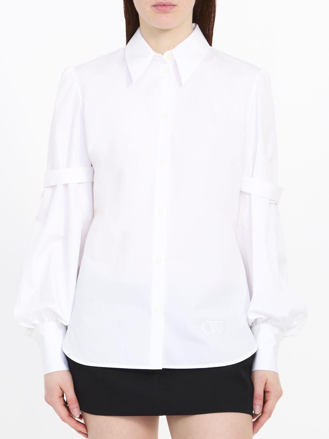 White Cotton Poplin Shirt with Straps and Balloon Sleeves for Women