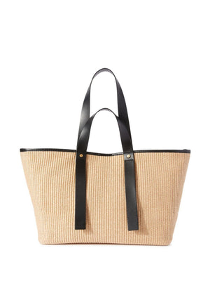 OFF-WHITE Beige Raffia Shopping Tote with Black Piping