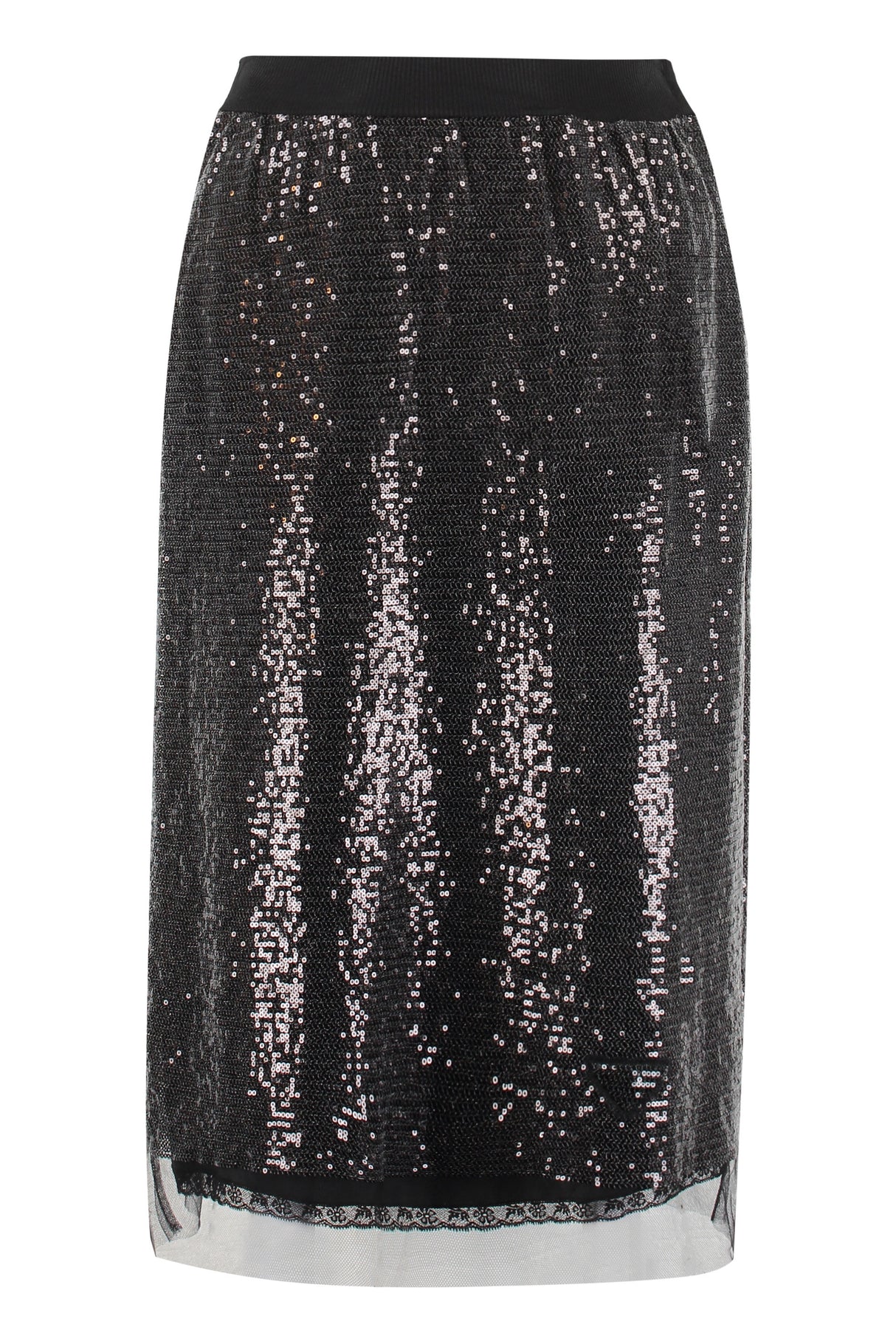 黒色のシルク・サテンスカート　伸縮性のあるウエストライン