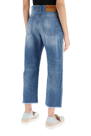 MARNI Dark Washed Cotton Denim Cropped Jeans with Mohair Inserts
