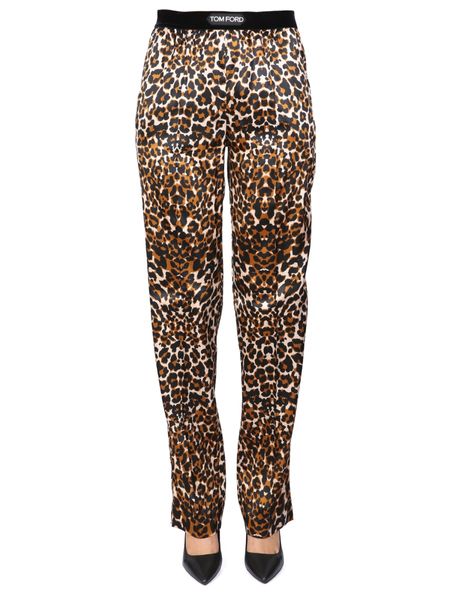 TOM FORD Leopard Print Raffia Pants with Logo Waistband