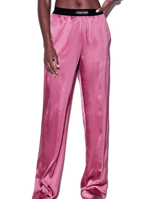 女士纯色丝绸直筒裤-粉紫色