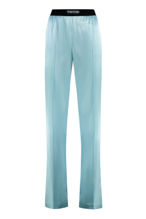 TOM FORD Light Blue Silk Trousers with Velvet Insert for Women
