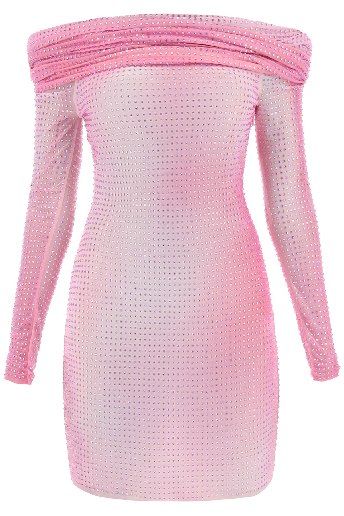 SELF-PORTRAIT Sparkling Off-Shoulder Mini Dress in Studded Pink Mesh