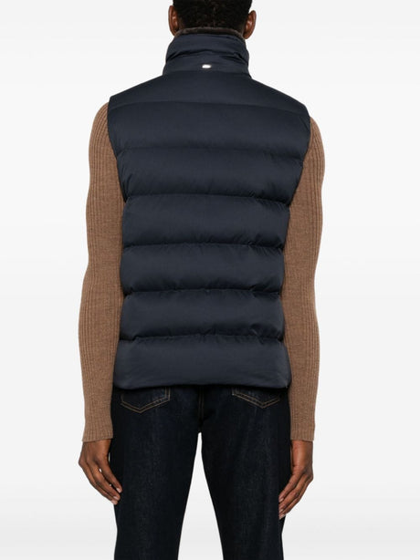 HERNO Navy Quilted Down Vest with Faux Fur Collar