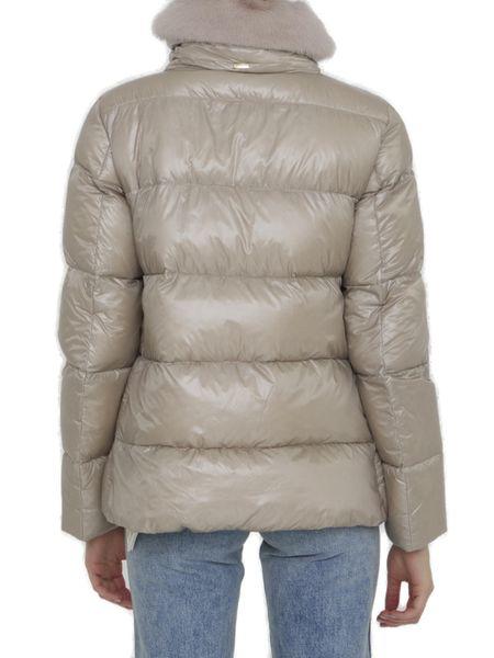 HERNO Beige Quilted Down Jacket with Eco-Fur Collar