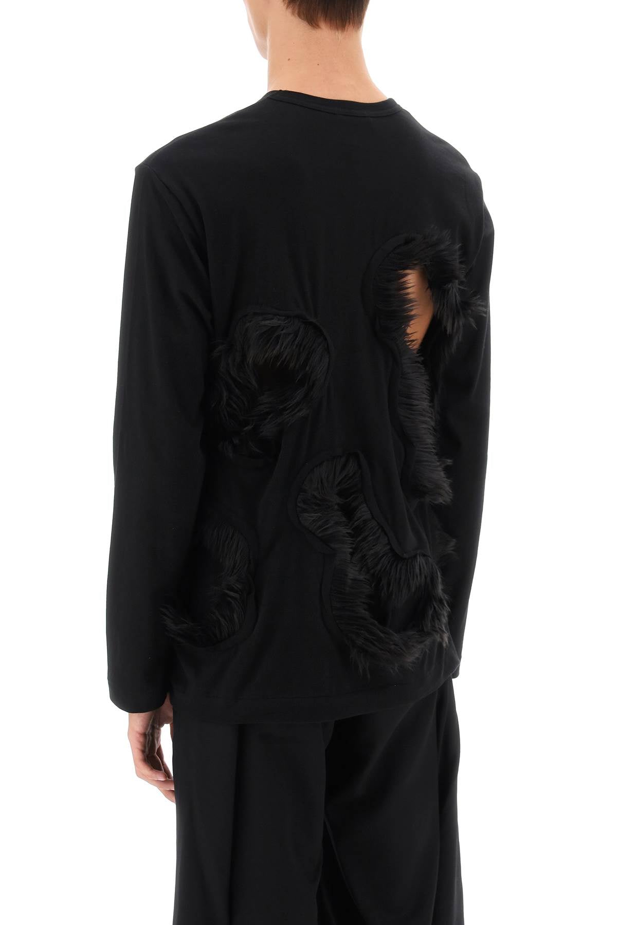 Men's Black Long-Sleeved T-Shirt with Eco-Fur Trimmed Cut-Outs