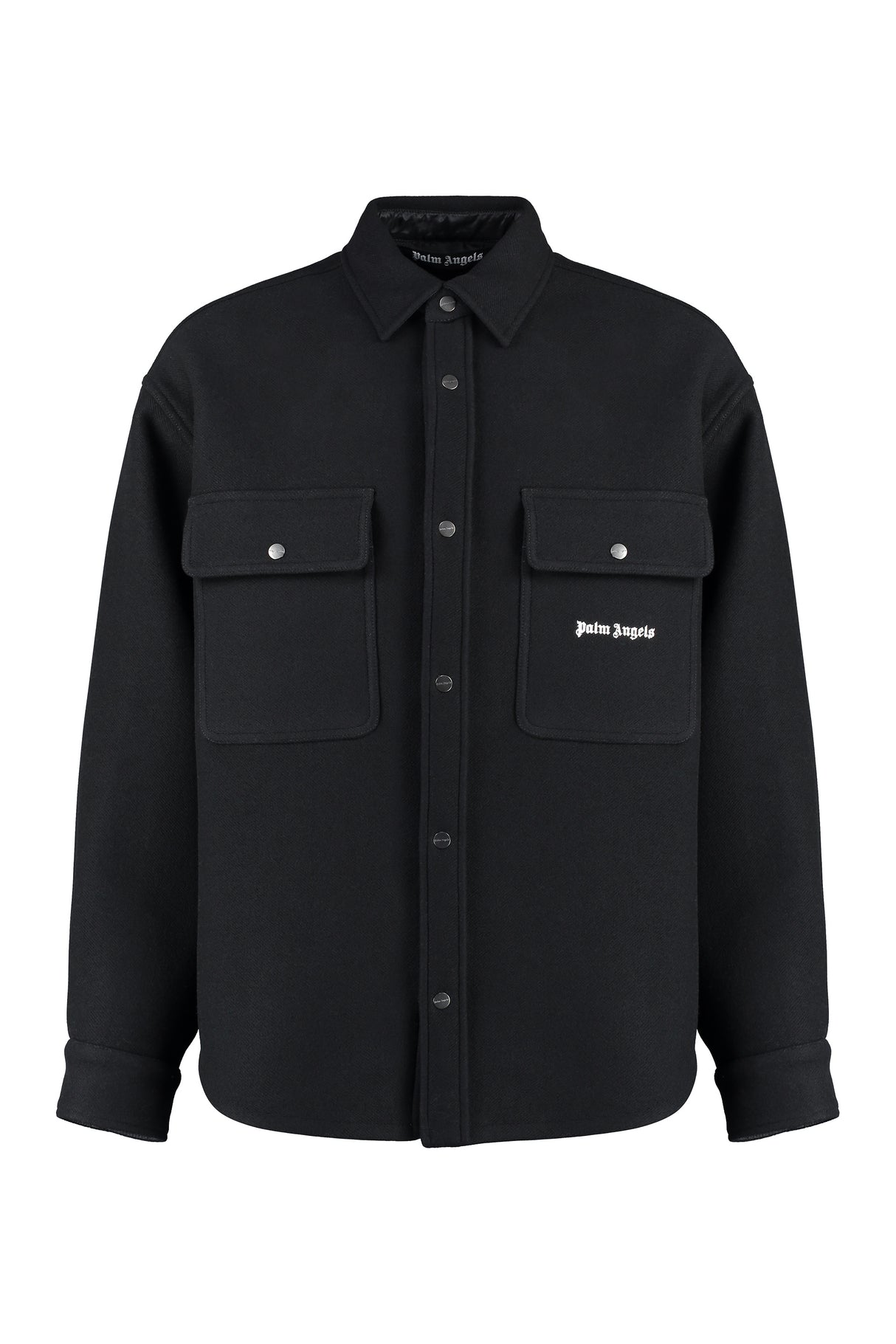 黒のバージンウールオーバーシャツ - クラシックな襟、2つのボタンポケット、オーバーサイズのフィット