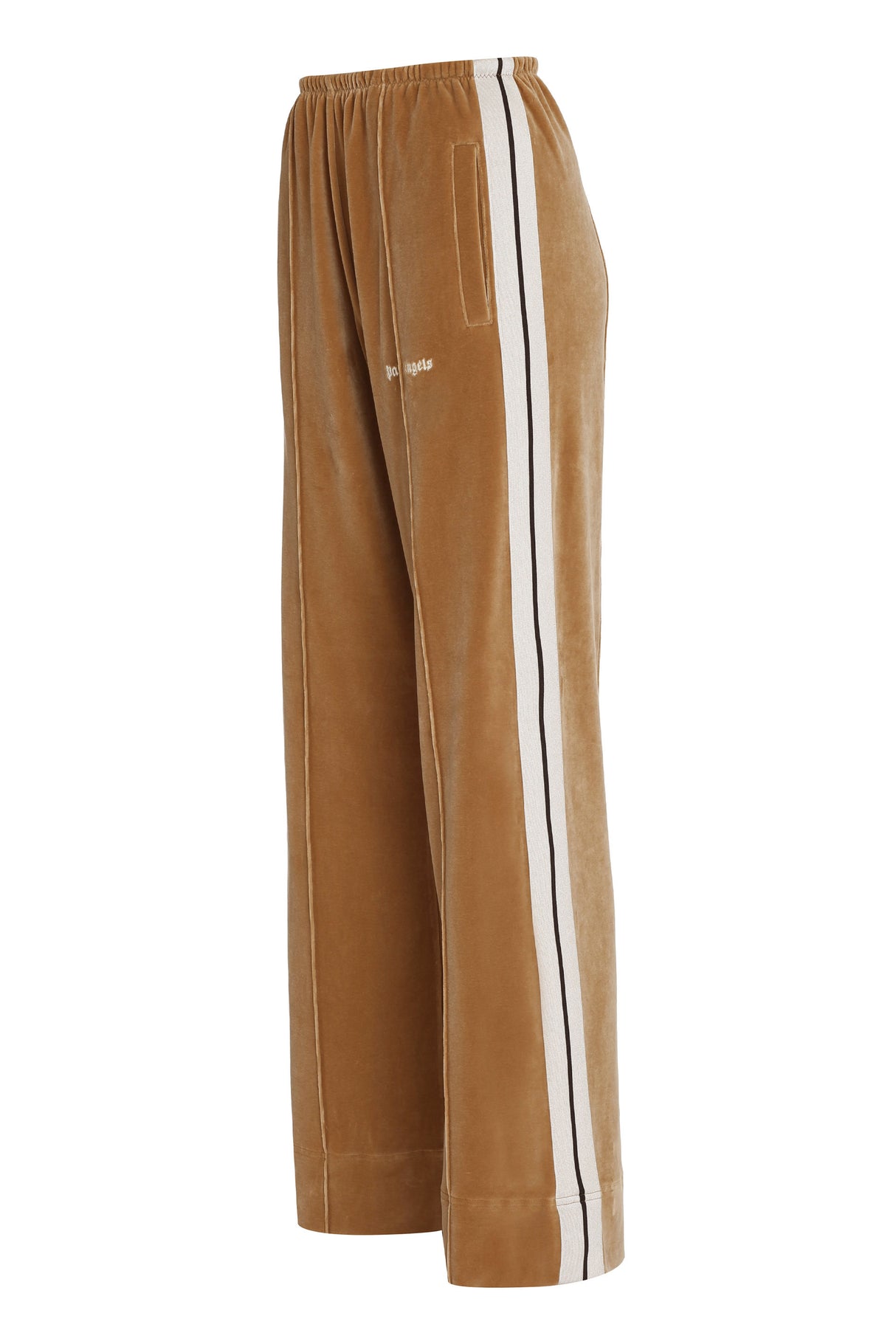 女士米黄色天鹅绒裤子配彩色侧边细节 - FW23 系列