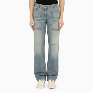 Washed-Out Effect Multi-Pocket Jeans in Light Blue for Women