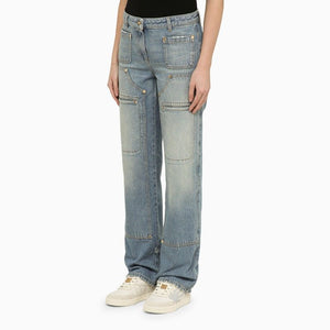 Washed-Out Effect Multi-Pocket Jeans in Light Blue for Women
