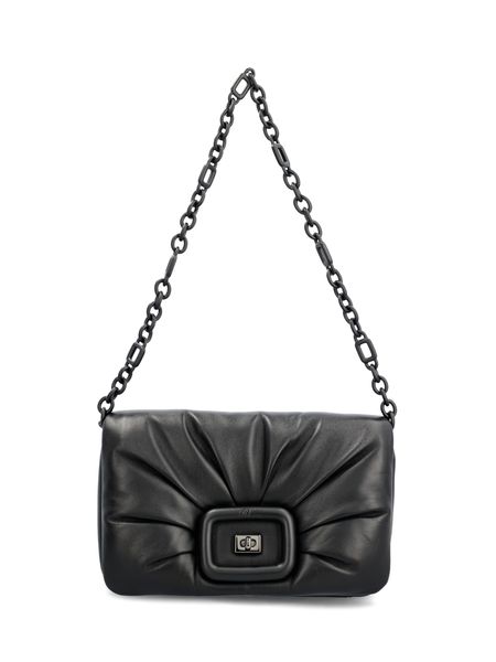 Ruched Black Leather Shoulder Handbag with Chain Strap - FW23