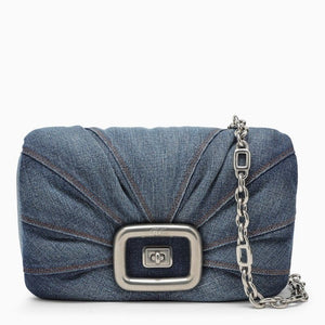 Blue Denim Ruched Shoulder Handbag with Chain Strap
