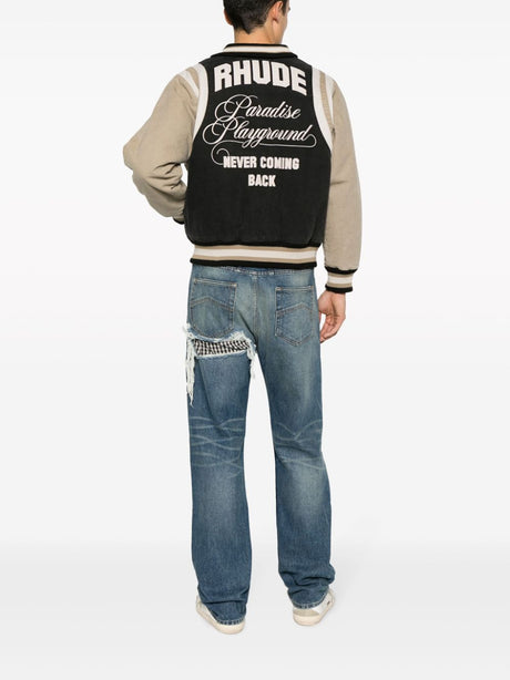 RHUDE Color-Blocked Canvas Bomber Jacket with Embroidered and Appliqué Logos