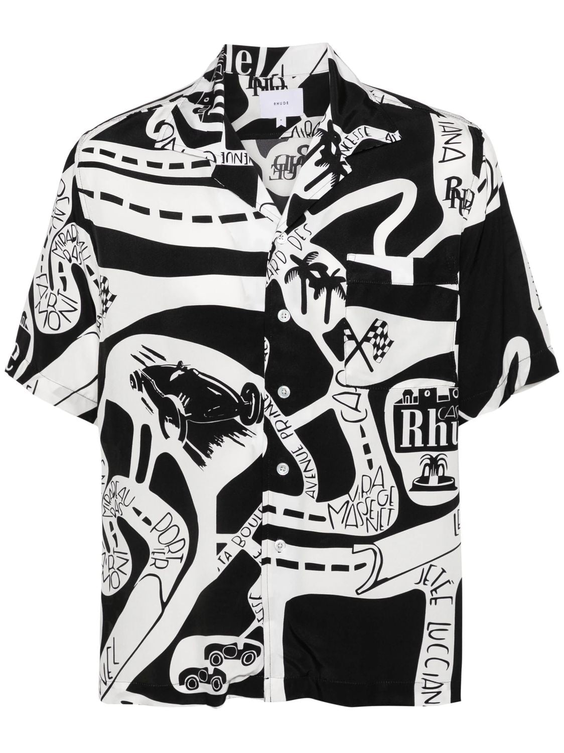 RHUDE Men's Black Graphic Print Silk Shirt for SS24