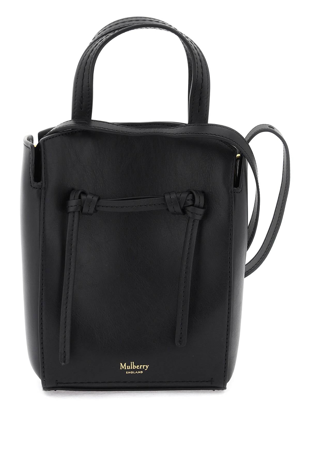 MULBERRY Mini Clovelly Black Leather Tote Bag with Gold Accents and Adjustable Strap