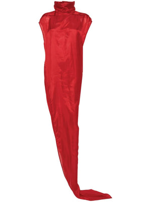 鮮やかな赤のシルクハバタイマキシドレス - ハイネック、セミシアー、床まで届く長さ