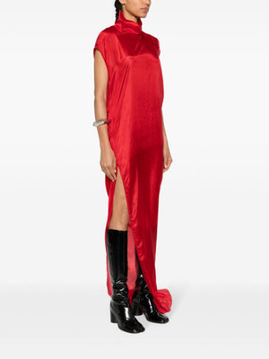 Váy Maxi Lụa Đỏ Rực Cổ Cao, Xuyên Thấu, Dài Tới Đất