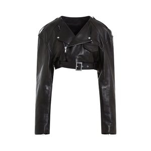 RICK OWENS Black Micro Biker Jacket in Lamb Skin for Women - SS24 Collection