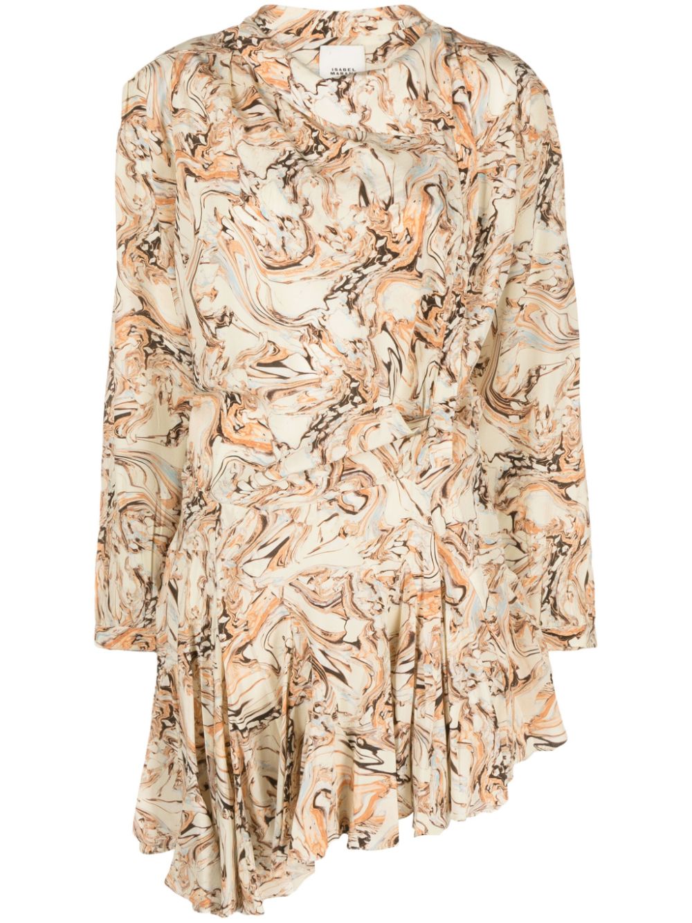 Áo đầm mini silk in bản trừu tượng cho phụ nữ màu nâu đất - Bộ sưu tập FW23