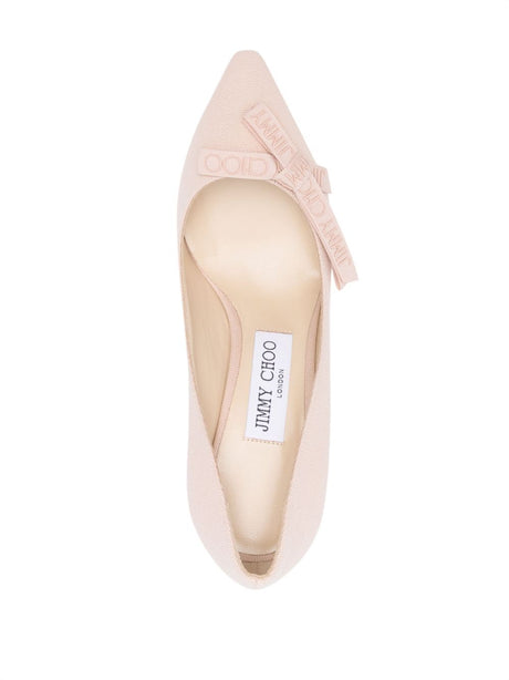 JIMMY CHOO Beige Canvas Pointed Toe Pumps with Logo-Embossed Bow Detailing