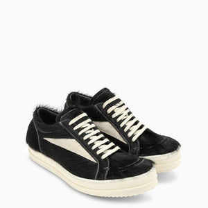 RICK OWENS Black Leather Sneakers with White Fur for Men