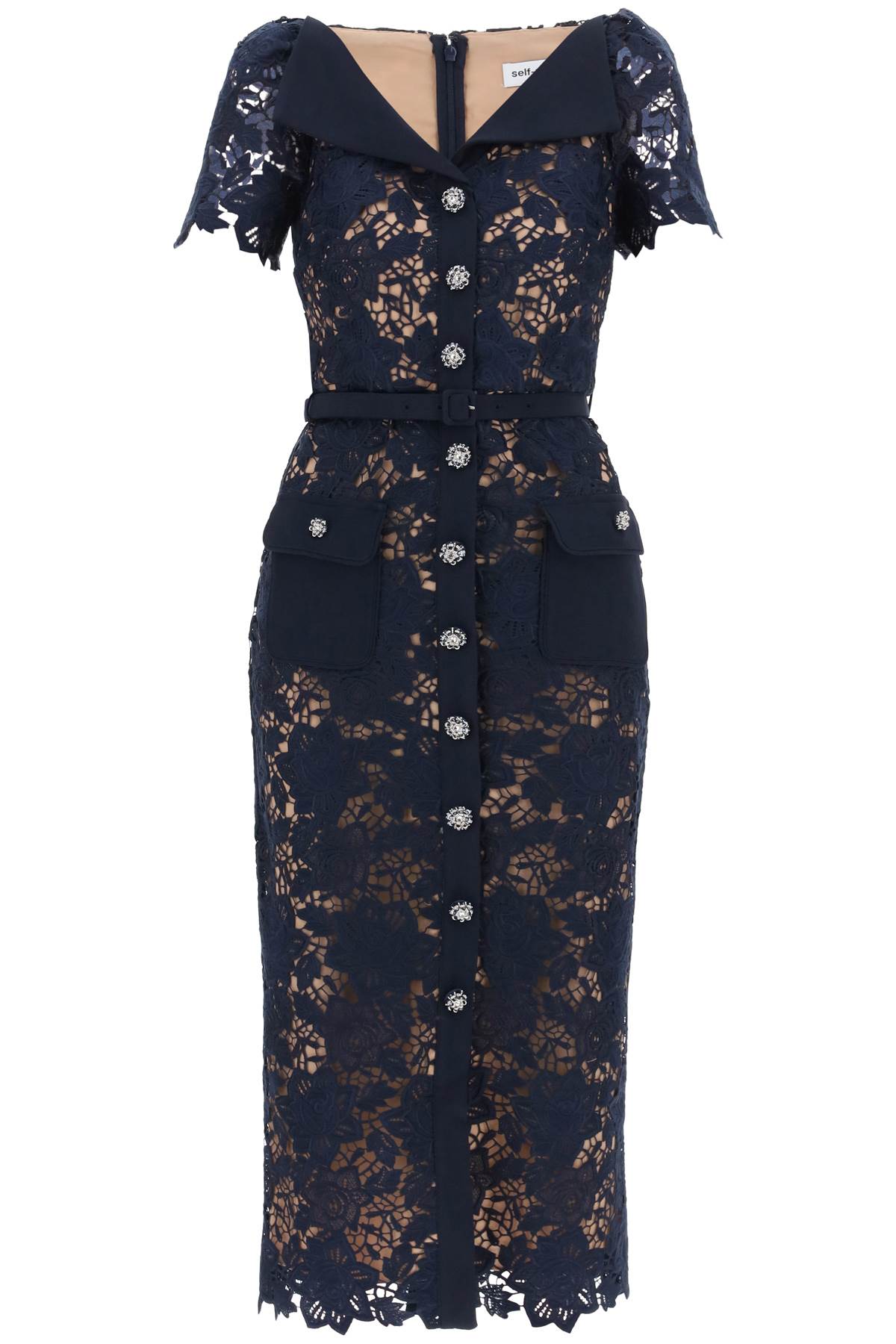 Navy Floral Guipure Midi Dress for Women