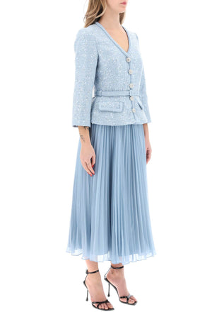 SELF-PORTRAIT Light Blue Pleated Midi Dress with Sequin Tweed Bodice and Braided Trims