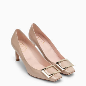 Nude Patent Leather Kitten Heel Square Buckle Pumps