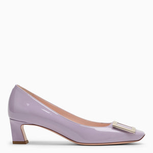 Lilac Patent Leather Low Heel Pumps with Decorative Buckle & Square Toe
