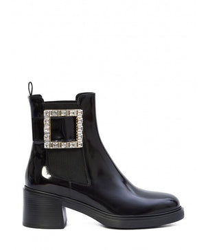 ROGER VIVIER Viv Rangers Chelsea Ankle Boots - Black Shiny Leather with Crystal Buckle