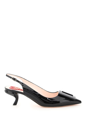 Black Patent Leather Slingback Pumps with Square Buckle