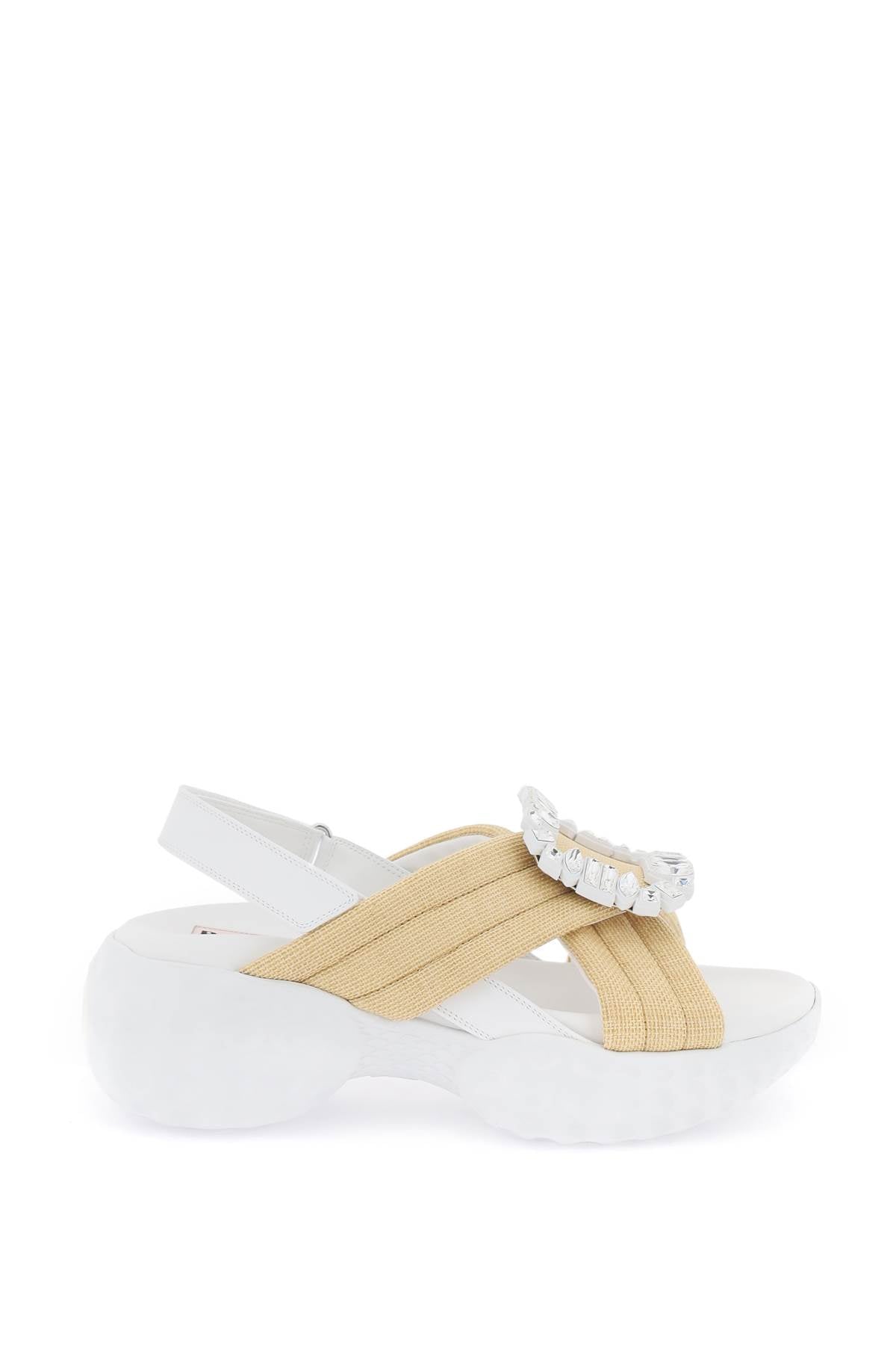 Crossed Raffia Sandals with Crystal Buckle