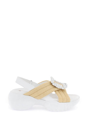 Crossed Raffia Sandals with Crystal Buckle