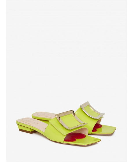 Metal Buckle Sandals in Lime Patent Leather, Square Toe, Open Toe, Heart Insole Detail