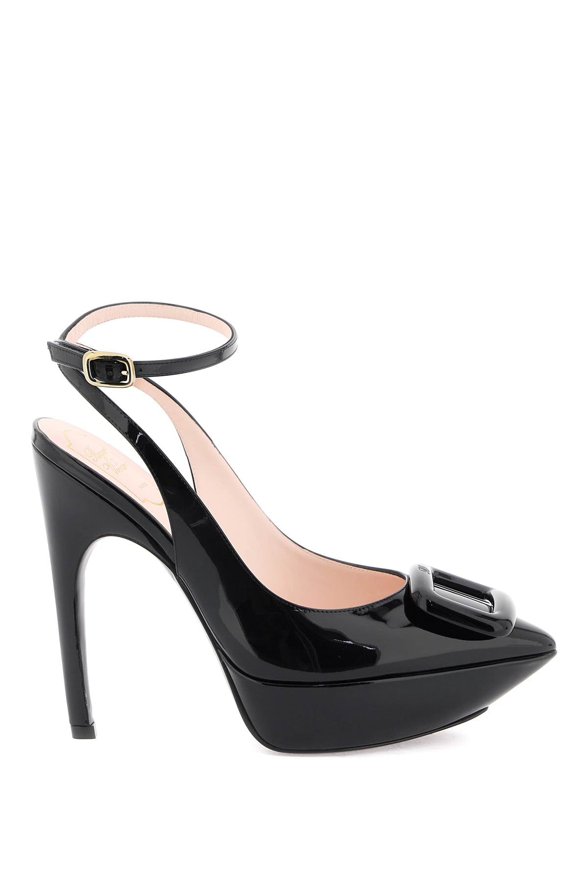 Black Patent Leather Pointed Pumps with Adjustable Ankle Strap