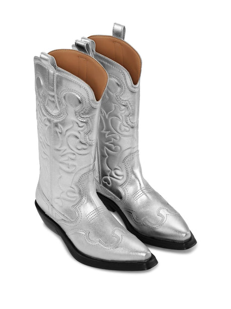 GANNI Silver Western Boots for Women with Metallic Sheen and Embroidered Motif