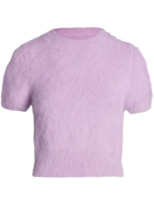 紫色のブラシード短袖ニットトップ レディース用