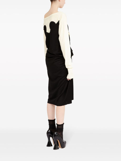 MAISON MARGIELA Black and Off-White Knit Midi Dress with Contrast Stitching and Ruched Detailing