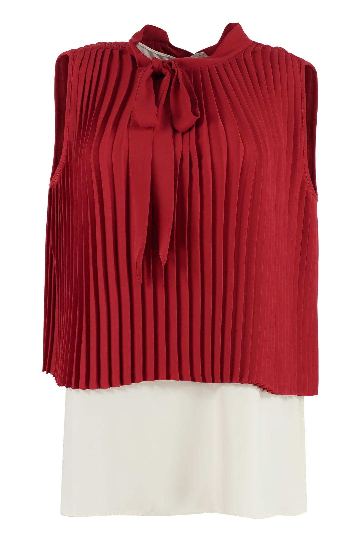 MM6 MAISON MARGIELA Red Pleated Top with Pussy-Bow Collar and Asymmetric Hem
