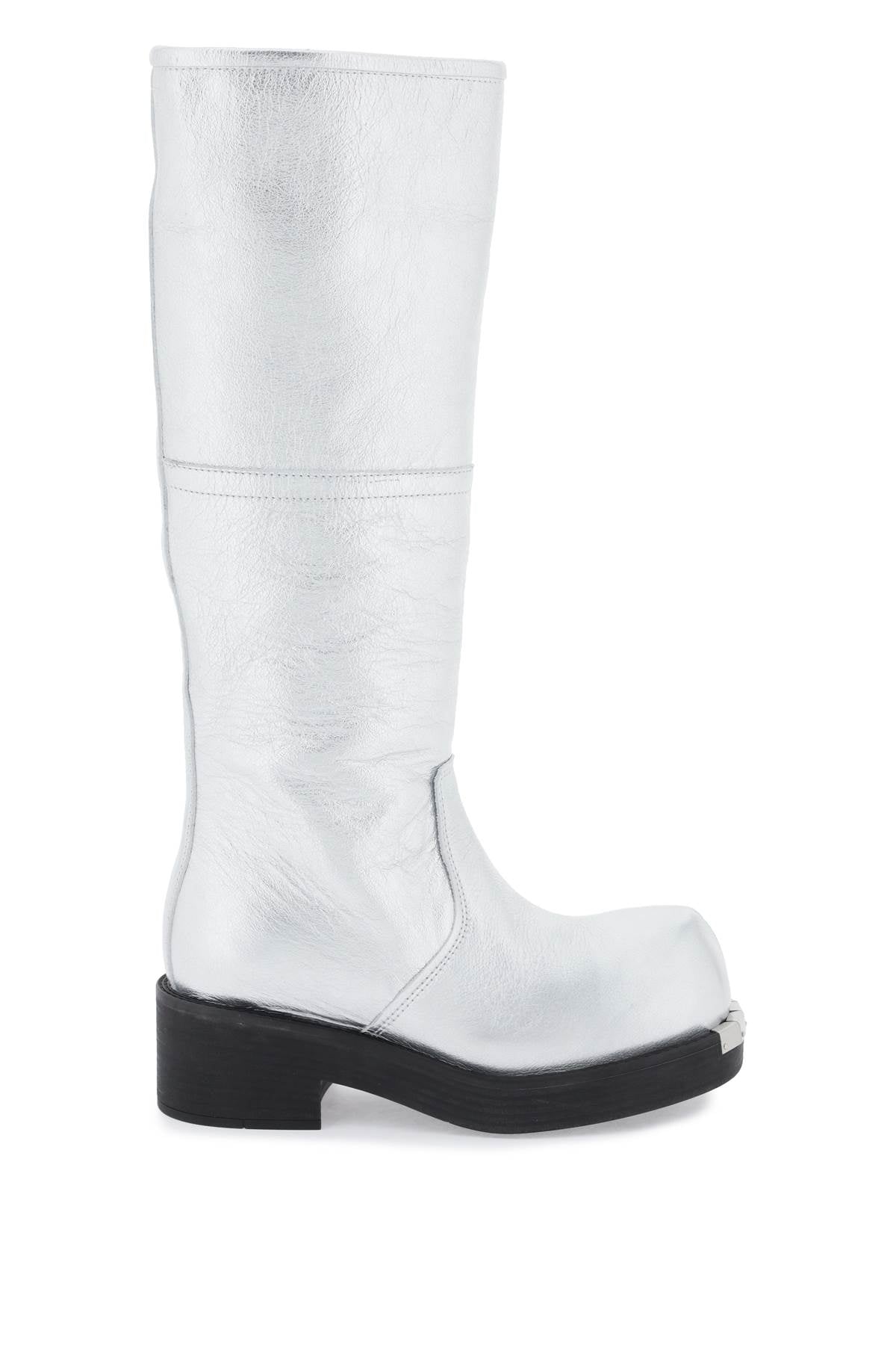 Laminated Leather Round Toe Boots with Silver Metal Detail